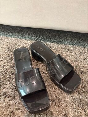 Gucci Black Patent Slide Mules with Embossed Logo